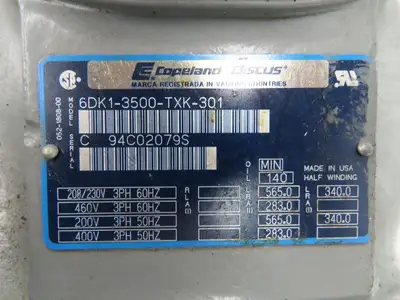 Copeland 6DK1-3500 Semi-Hermetic Discus Compressor 35 Ton 3Ph 208-230/460V