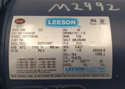 LEESON 1.5 HP, 1725 RPM, 56 FRAME MOTOR
