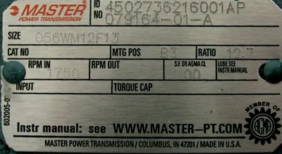 NEW MASTER 056WM12F13 GEAR REDUCER 4502736216001AP 12.7:1 079164-01-A