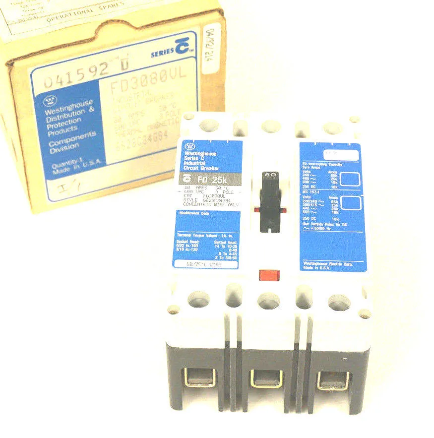NEW WESTINGHOUSE FD3080VL CIRCUIT BREAKER SER. C, 80A, 600VAC, 3 POLE