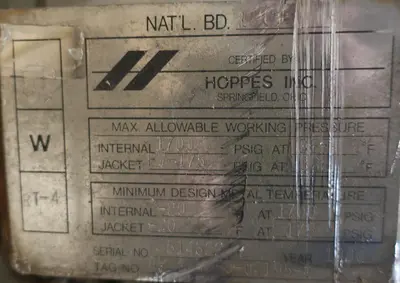 SPC8281  Reactor 70 gallon Hoppes Inc. chemical reactor, 1700 psi internal, FV-175 psi jacket, 5 hp top entering agitator