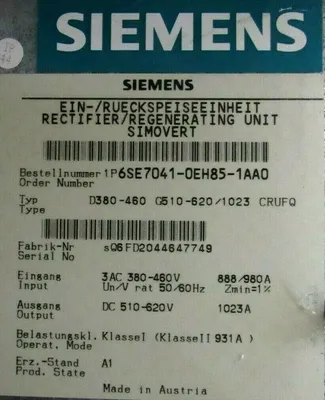 NEW SIEMENS 6SE7041-0EH85-1AA0 RECTIFIER REGENERATOR UNIT 6SE70410EH851AA0