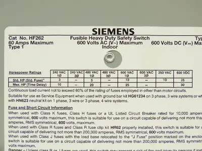 Siemens HF262 Heavy Duty Safety Disconnect Switch 60A 600VAC 1PH 2 Pole Fusible