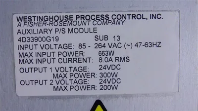 Westinghouse 4D33900G19 Ovation Auxiliary Power Supply Module Sub. 13 Used