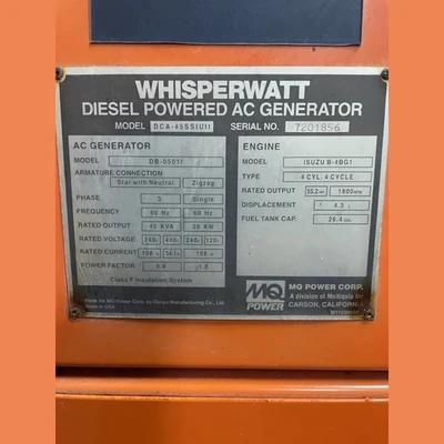 USED 2002 MQ POWER WHISPERWATT DCA-45SSIUII
