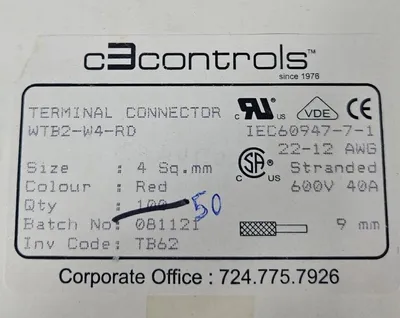 C3CONTROLS WTB2-W4-RD TERMINAL CONNECTORS 600V 40A-Box with 50. Loc3C-20