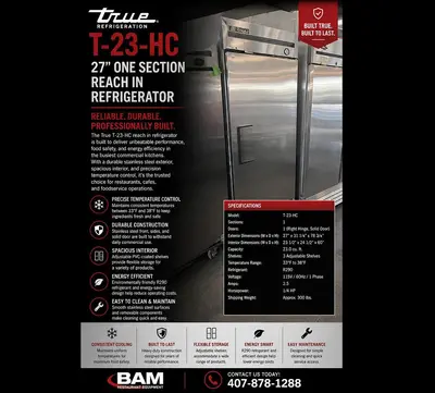 Used: True T-23-HC 27” One Section Reach In Refrigerator, (1) Right Hinge Solid Door, 115vUsed: True T-23-HC 27” One Section Reach In Refrigerator, (1) Right Hinge Solid Door, 115v