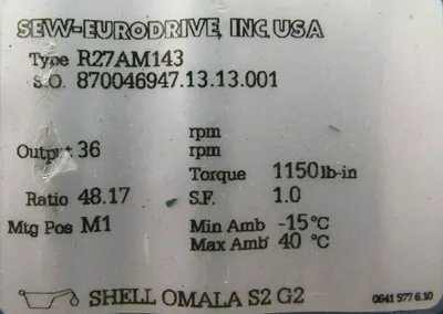 NEW SEW EURODRIVE R27AM143 GEAR REDUCER 48.17:1