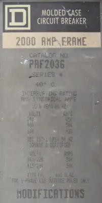 USED SQUARE D PAF2036 CIRCUIT BREAKER 2000A 3-POLE