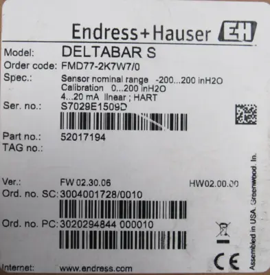 NEW ENDRESS HAUSER FMD77-2K7W7/0 PRESSURE TRANSMITTER DELTABAR S 52017194