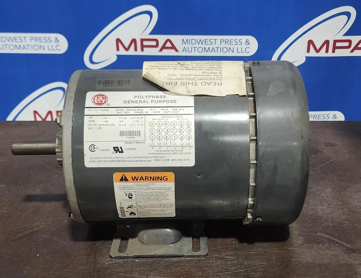 US Motors T14S3A / P63GKD-4612  3 Phase 1140 RPM 1/4 HP Motor