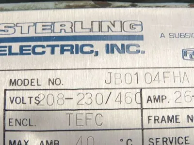 Sterling Electric JB0104FHA Pump Motor Cessna Hydraulic Gear Pump 10Hp 230/460V