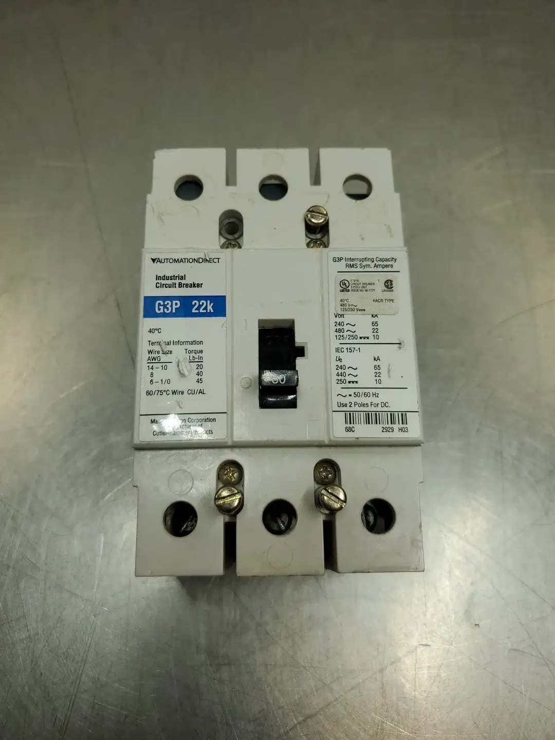 Used AutomationDirect G3P-22k Circuit Breaker, 50A, 240-480VAC/125-250DC Circuit Breakers South Carolina US | Palmetto Automation #1512089