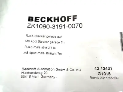New | in-Stock Beckhoff Double Ended EtherCAT Cable RJ45 to M8 M/M 4-Pin 7m Cable & Wire Michigan US | Maverick Industrial Sales #1463020