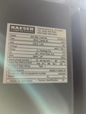 Used 2012 KAESER SFC 90S Rotary Screw & Sliding Vane Air Compressors Florida US | ESCOBAR TRADING, INC. #1398990