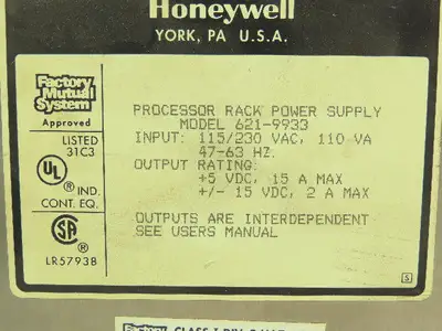 Honeywell 621-9933 I/O Rack Power Supply Module PLC PS 15A 5VDC 115/230 V
