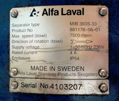 Alfa-Laval EMMIE MIB 303S-33 oil purifier module.