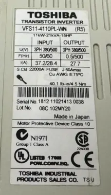 USED TOSHIBA VFS11-4110PL-WN TRANSISTOR INVERTER DRIVE 15HP 380/500V