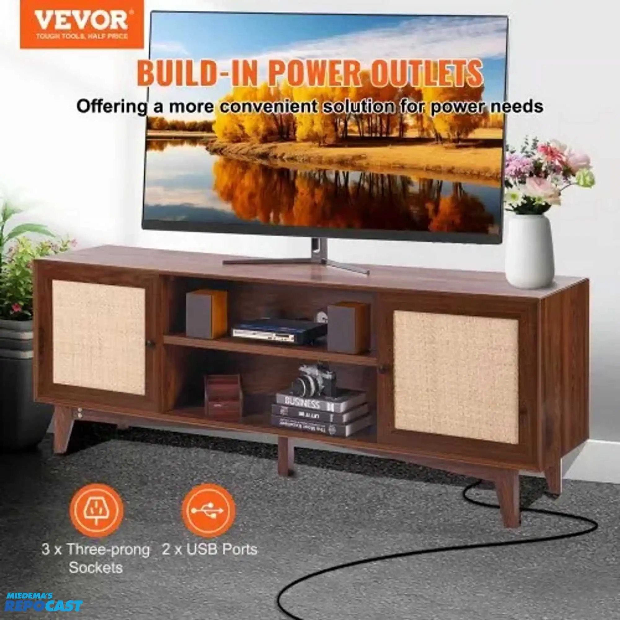 Vevor Boho TV Stand with Rattan Cabinet Doors Model CSF-T24101-WAU