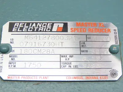 Reliance 180CM28A Gearbox Master XL Speed Reducer 36:1 Ratio 8Hp 48RPM Right
