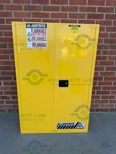 Used JUSTRITE 45 GALLON FLAMMABLE LIQUID STORAGE CABINET W/ SOFT CLOSE DOORS, KEY Biological Safety Cabinets | Equipment Lab #486637
