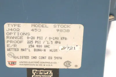 NEW UNITED ELECTRIC J402-453 PRESSURE SWITCH J402453