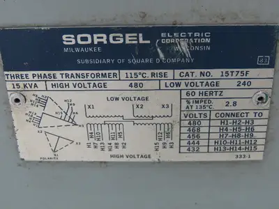 Sorgel 15T75F Stepdown Power Transformer 15 kVA 3Ph HV 480V LV 240V Delta
