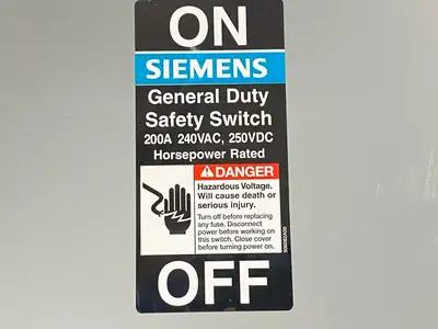 USED SIEMENS GENERAL DUTY SAFETY SWITCH 200A 240VAC 250VDC 60HP