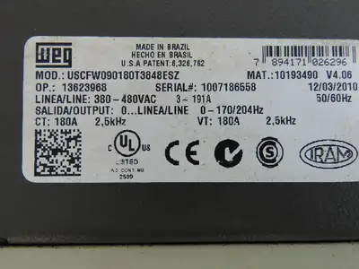 WEG USCFW090180T3848ESZ CFW 09 Adjustable Vecture Inverter Drive 380-480V 3-191A