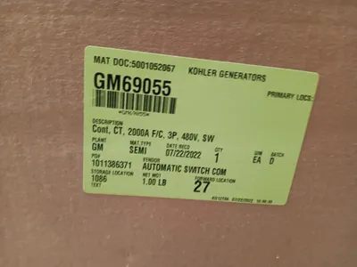 2000A Kohler GM69055 Automatic Transfer Switch Contactor 480V 3 Pole 3 Wire New NIB