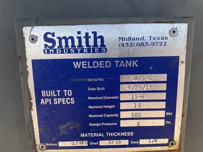 USED 2017 SMITH INDUSTRIES 500BBL VERTICAL TANK
