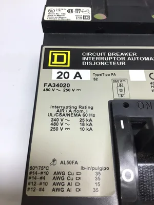 Square D FA34020 Circuit Breaker 3 Pole Type FA S2 250/480V 20A 50/60Hz