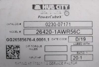 NEW HUB CITY 0230-07171 GEAR REDUCER 20:1 26420-1AWR56C 023007171