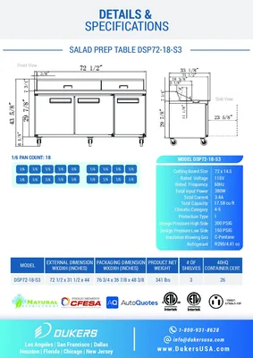 New | in-Stock Dukers New Dukers DSP72-18-S3 3-Door Commercial Food Prep Table Refrigerated in Stainless Steel Food Prep Tables Illinois US | Falcon Restaurant Supply #1376288