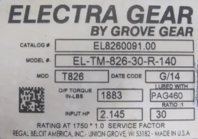 NEW GROVE GEAR EL-TM-826-30-R-140 GEAR REDUCER 30:1 EL8260091.00 ELTM82630R140