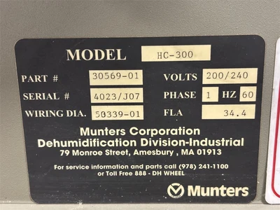 Used MUNTERS "HC-300" Dehumidifiers South Carolina US | MachineryMax #1547057