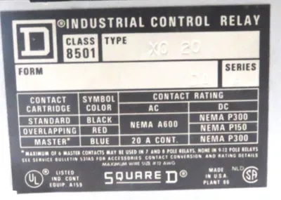NEW SQUARE D 8501-XO20 CONTROL RELAY 8501XO20 SERIES A