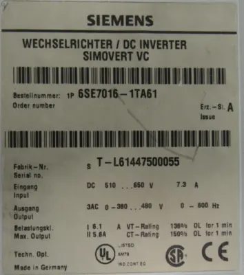 USED SIEMENS 6SE7016-1TA61 DC INVERTER 6SE70161TA61
