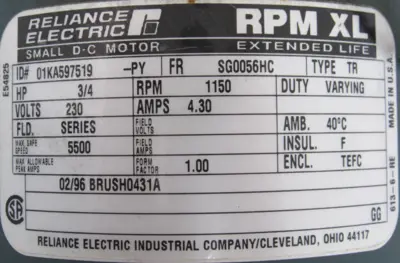 NEW RELIANCE ELECTRIC SG0056HC MOTOR 3/4HP 230V 01KA597519-PY