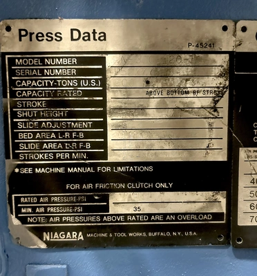 USED 1992 NIAGARA NIAGARA PN-300-120-30 PRESS