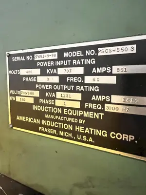 550 kW AMERICAN INDUCTION HEATING CORP (1999)  INDUCTION HEATER POWER SOURCE & CONTROLS: STOCK #20009