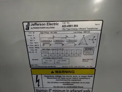 Jefferson 423-4901-594 Dry Type Transformer 30 kVA 400 Delta to 208Y/120 TESTED