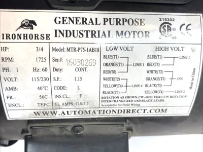 USED IRONHORSE MOTOR 3/4HP W/ WG-175-020-D WORM GEARBOX 20:1