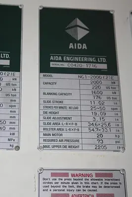 USED 2018 AIDA NC1-2000(2)E