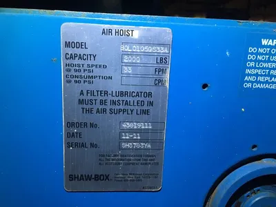 Shaw-Box 80L01050S33A Pneumatic Hoist 2000 lb Capacity 33 fpm Speed Used