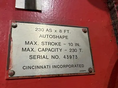 230 TON X 10' CINCINNATI MODEL #230-8AS HYDRAULIC CNC PRESS BRAKE W/ UPGRADED CONTROLS: STOCK #19386