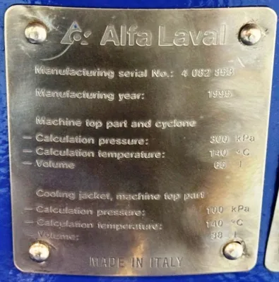 Alfa-Laval BTPX 205 SGD-34 CDP-60 clarifier centrifuge skid, 316L SS.