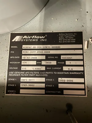Airflow Systems Mini-Pac-HE-PG6-LTK35-4E08DD Portable Dust Collector 1PH 115V