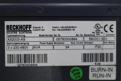 Beckhoff AX2003-AS S60301-520 Digital Compact Servo Drive Amplifier STK K-408-D