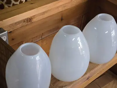 Lot of (3) Handblown Art Glass Table Vases by Holmegaard 6" x 7" (white) (rounded triangle)